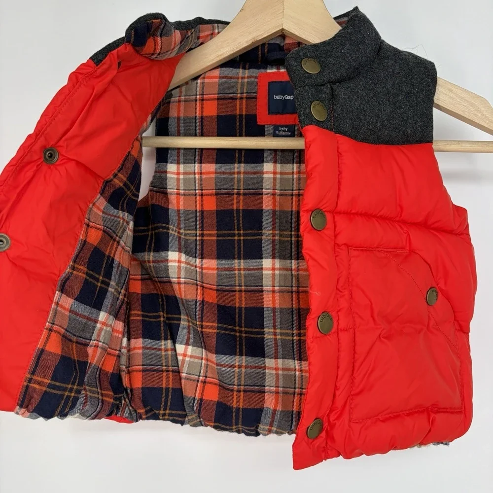Baby Gap Boys Plaid Puffer Vest 12-18 Mo Plaid Lined Wool Blend Snaps Y2K Fall